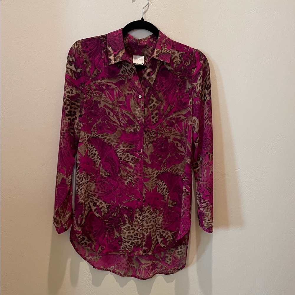 Chico's Fuchsia and Brown Animal Print Button Down Shirt
